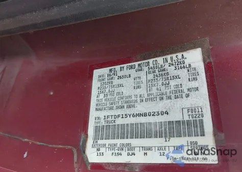 1991 Ford F150 из США, поврежденный, VIN 1FTDF15Y6MNB02304